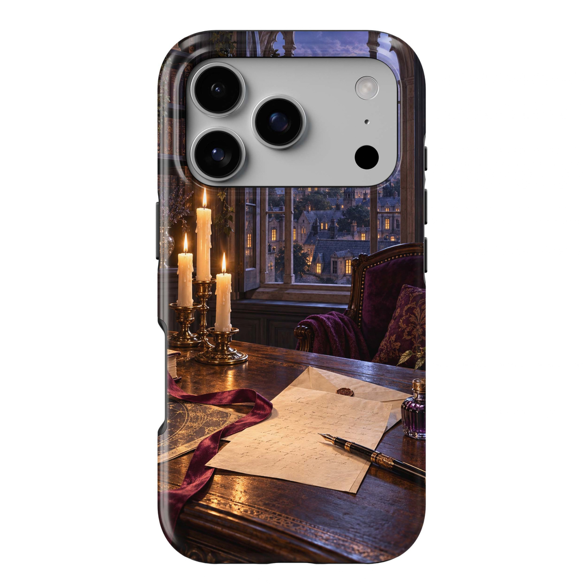 Letters After Dark Tough iPhone Case featuring handwritten letters, sealed envelopes, a fountain pen, burgundy ribbon and glowing candles on an antique desk overlooking an old-world town at night.