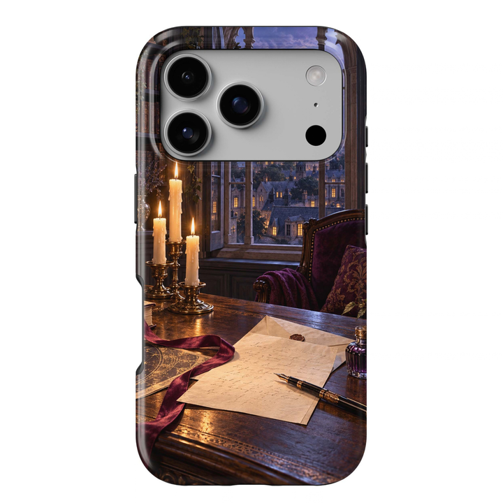 Letters After Dark Tough iPhone Case featuring handwritten letters, sealed envelopes, a fountain pen, burgundy ribbon and glowing candles on an antique desk overlooking an old-world town at night.