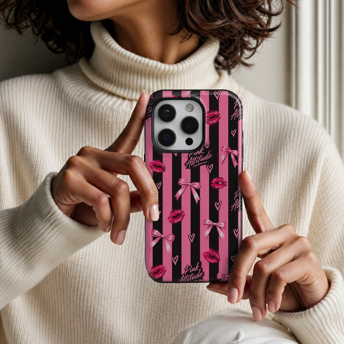 CASELIX Cherry After Dark iPhone 18 Pro Max tough phone case featuring burgundy red and blush pink vertical stripes, glossy red cherry pairs tied with pink satin bows, delicate white hearts, sparkling stars, and Cherry After Dark script lettering. Trendy feminine printed phone case with a glossy finish, featuring a romantic coquette aesthetic and playful cherry-inspired design