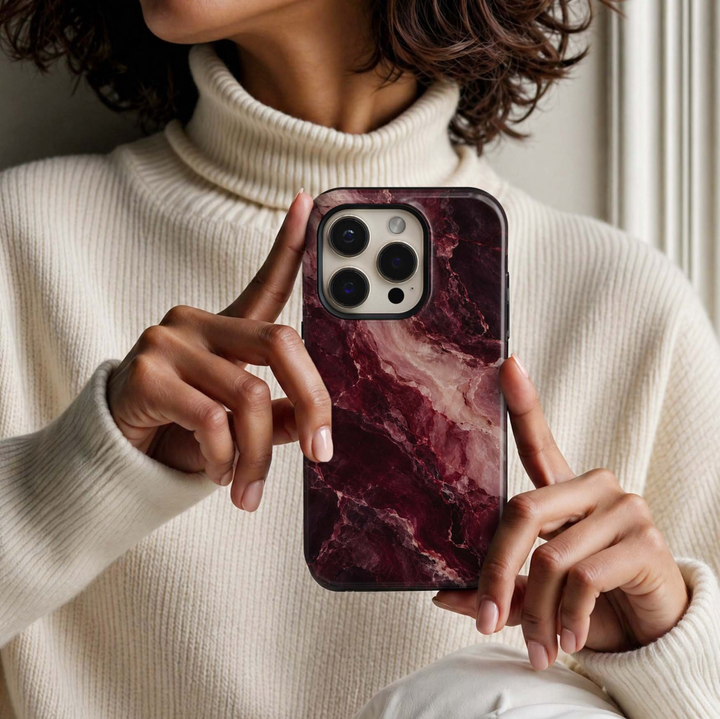 Garnet Blush Tough iPhone Case featuring deep garnet and wine burgundy marble blended with luminous blush pink and dusty rose crystalline stone.