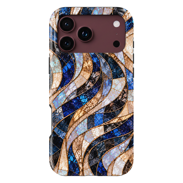 CASELIX Sapphire Opal Waves iPhone Tough MagSafe protective phone case featuring a luxurious abstract stained-glass mosaic pattern with flowing, ribbon-like waves in brilliant sapphire blue, deep navy, midnight black, champagne gold, and iridescent opal white. The elegant design showcases gracefully intertwined curved panels filled with intricate cracked-glass textures, shimmering pearl-inspired surfaces, and luminous cobalt-blue mosaic details. Delicate metallic gold-inspired outlines separate each flowing