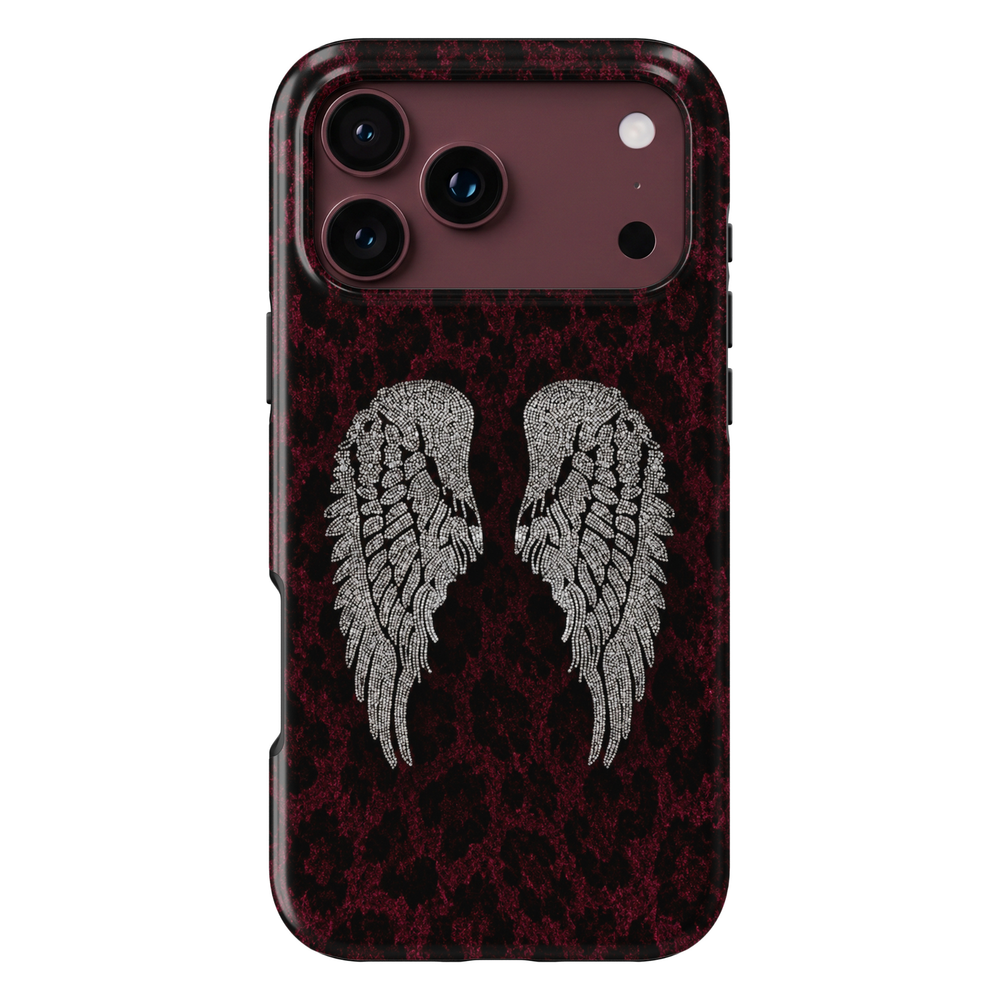 CASELIX Burgundy Angel Wings iPhone Tough MagSafe protective phone case featuring elegant silver rhinestone-inspired angel wings against a luxurious deep burgundy and black leopard print background. The striking design showcases intricately detailed crystal-like feathered wings with shimmering diamond-inspired accents, contrasting beautifully with rich wine-red animal print textures. Stylish burgundy leopard print iPhone case with sparkling silver angel wings, a glossy printed finish, glamorous gothic celes