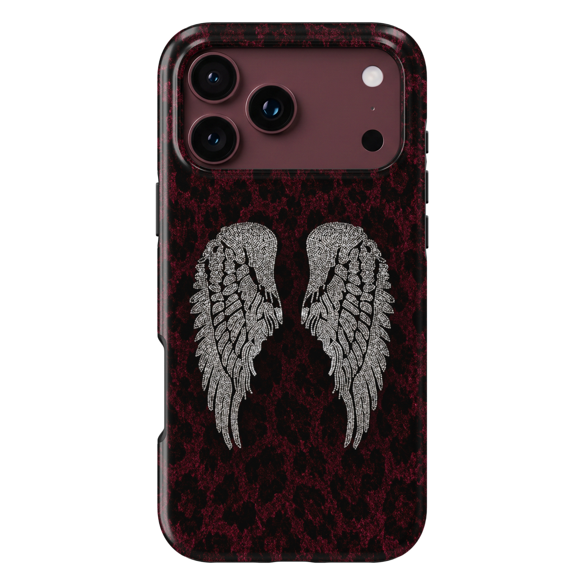 CASELIX Burgundy Angel Wings iPhone Tough MagSafe protective phone case featuring elegant silver rhinestone-inspired angel wings against a luxurious deep burgundy and black leopard print background. The striking design showcases intricately detailed crystal-like feathered wings with shimmering diamond-inspired accents, contrasting beautifully with rich wine-red animal print textures. Stylish burgundy leopard print iPhone case with sparkling silver angel wings, a glossy printed finish, glamorous gothic celes