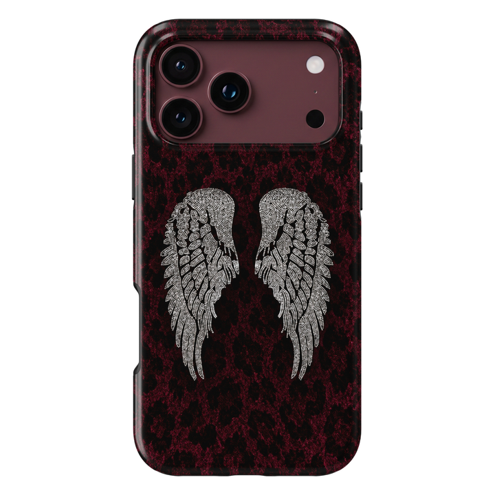 CASELIX Burgundy Angel Wings iPhone Tough MagSafe protective phone case featuring elegant silver rhinestone-inspired angel wings against a luxurious deep burgundy and black leopard print background. The striking design showcases intricately detailed crystal-like feathered wings with shimmering diamond-inspired accents, contrasting beautifully with rich wine-red animal print textures. Stylish burgundy leopard print iPhone case with sparkling silver angel wings, a glossy printed finish, glamorous gothic celes
