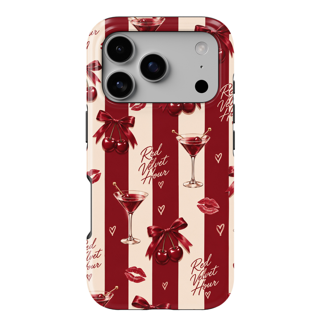 CASELIX Red Velvet Hour iPhone 18 Pro Max tough phone case featuring bold burgundy red and ivory vertical stripes, cherry martini cocktails, glossy red cherries with satin bows, lipstick kiss prints, delicate hearts, and Red Velvet Hour script lettering. Chic feminine printed phone case with a glossy finish and romantic vintage-inspired girls&
