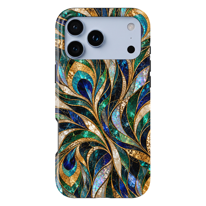 CASELIX Peacock Opal Luxe iPhone Tough MagSafe protective phone case featuring a luxurious peacock feather-inspired stained-glass mosaic pattern in brilliant sapphire blue, emerald green, shimmering turquoise, champagne gold, and iridescent opal white. The elegant design showcases sweeping, intricately layered peacock feathers with distinctive jewel-toned eye motifs in deep cobalt blue, luminous teal, and radiant gold. Gracefully intertwined feather shapes feature detailed cracked-glass textures, pearlescen