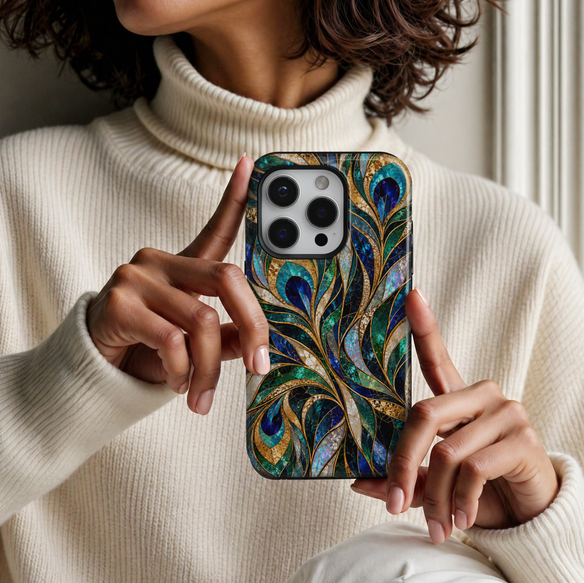 CASELIX Peacock Opal Luxe iPhone Tough MagSafe protective phone case featuring a luxurious peacock feather-inspired stained-glass mosaic pattern in brilliant sapphire blue, emerald green, shimmering turquoise, champagne gold, and iridescent opal white. The elegant design showcases sweeping, intricately layered peacock feathers with distinctive jewel-toned eye motifs in deep cobalt blue, luminous teal, and radiant gold. Gracefully intertwined feather shapes feature detailed cracked-glass textures, pearlescen