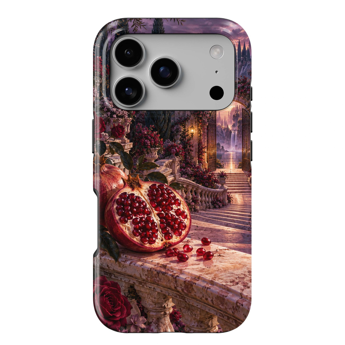 The Pomegranate Gate Tough iPhone Case featuring a ruby red pomegranate, crimson roses, ornate garden stairs and open gates overlooking a dreamy waterfall landscape.