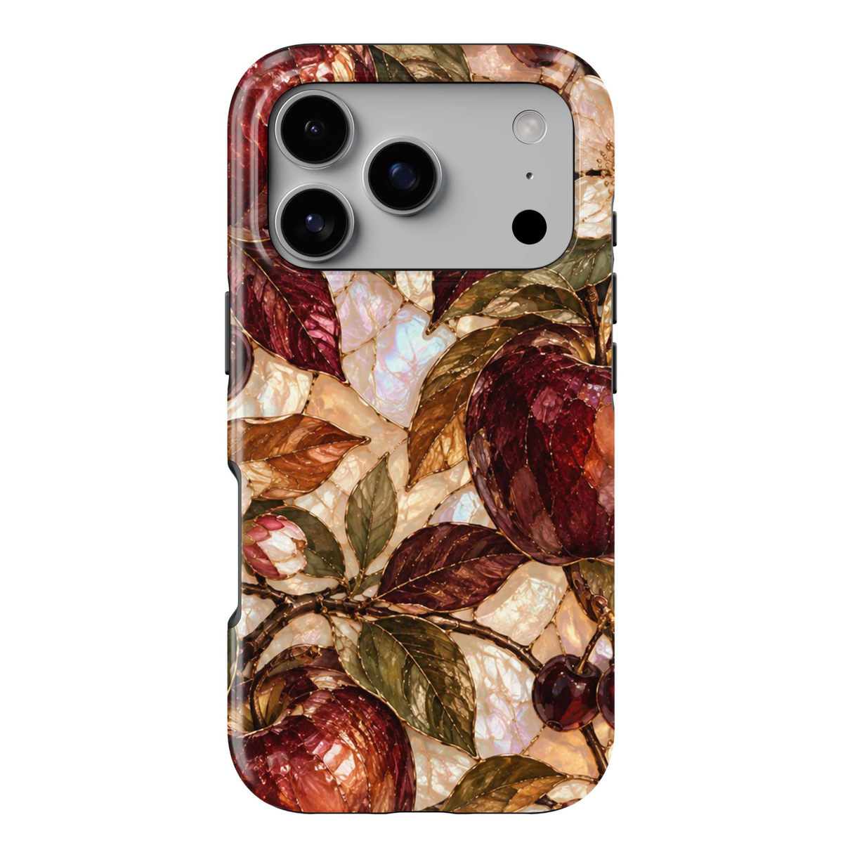 Garnet Orchard iPhone 18 Pro Max MagSafe case featuring jewel-toned burgundy and garnet orchard fruit with olive, bronze and copper leaves over a pearlescent ivory background, a luxurious stained-glass-inspired tough iPhone 18 Pro fall phone case with MagSafe compatibility.
