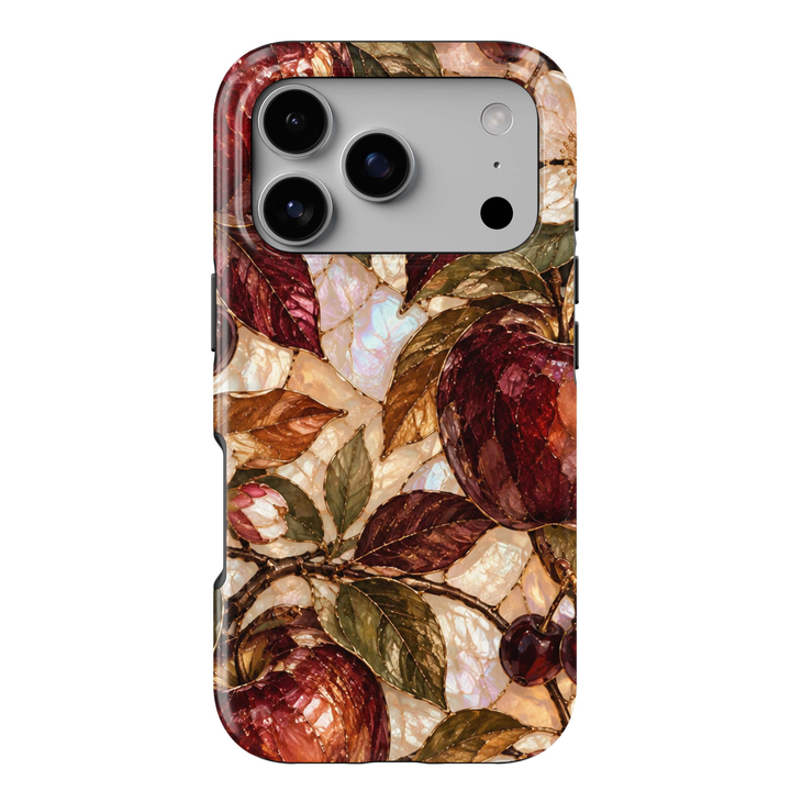 Garnet Orchard iPhone 18 Pro Max MagSafe case featuring jewel-toned burgundy and garnet orchard fruit with olive, bronze and copper leaves over a pearlescent ivory background, a luxurious stained-glass-inspired tough iPhone 18 Pro fall phone case with MagSafe compatibility.