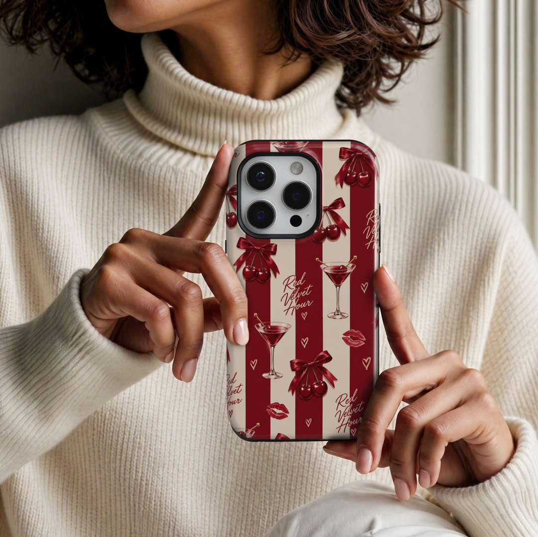 CASELIX Red Velvet Hour iPhone 18 Pro Max tough phone case featuring bold burgundy red and ivory vertical stripes, cherry martini cocktails, glossy red cherries with satin bows, lipstick kiss prints, delicate hearts, and Red Velvet Hour script lettering. Chic feminine printed phone case with a glossy finish and romantic vintage-inspired girls&