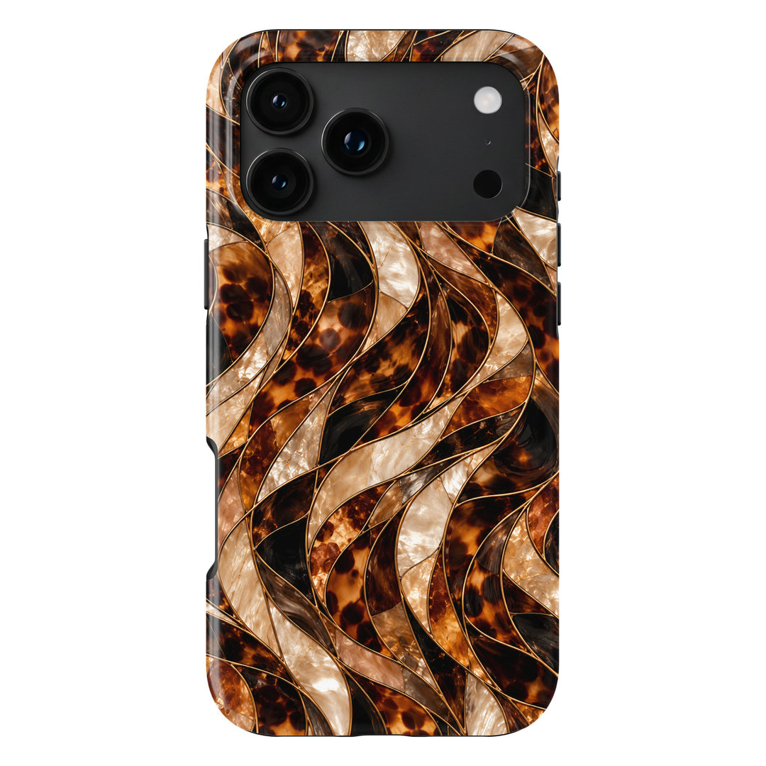 CASELIX Tortoise Opal Waves iPhone Tough MagSafe protective phone case featuring a luxurious abstract stained-glass mosaic pattern combining classic tortoiseshell artwork with flowing, ribbon-like waves in warm amber, rich caramel, deep espresso brown, jet black, champagne gold, and iridescent pearl white. The elegant design showcases gracefully intertwined curved panels filled with intricate tortoiseshell markings, translucent honey-brown textures, and luminous mother-of-pearl-inspired mosaic details. Deli