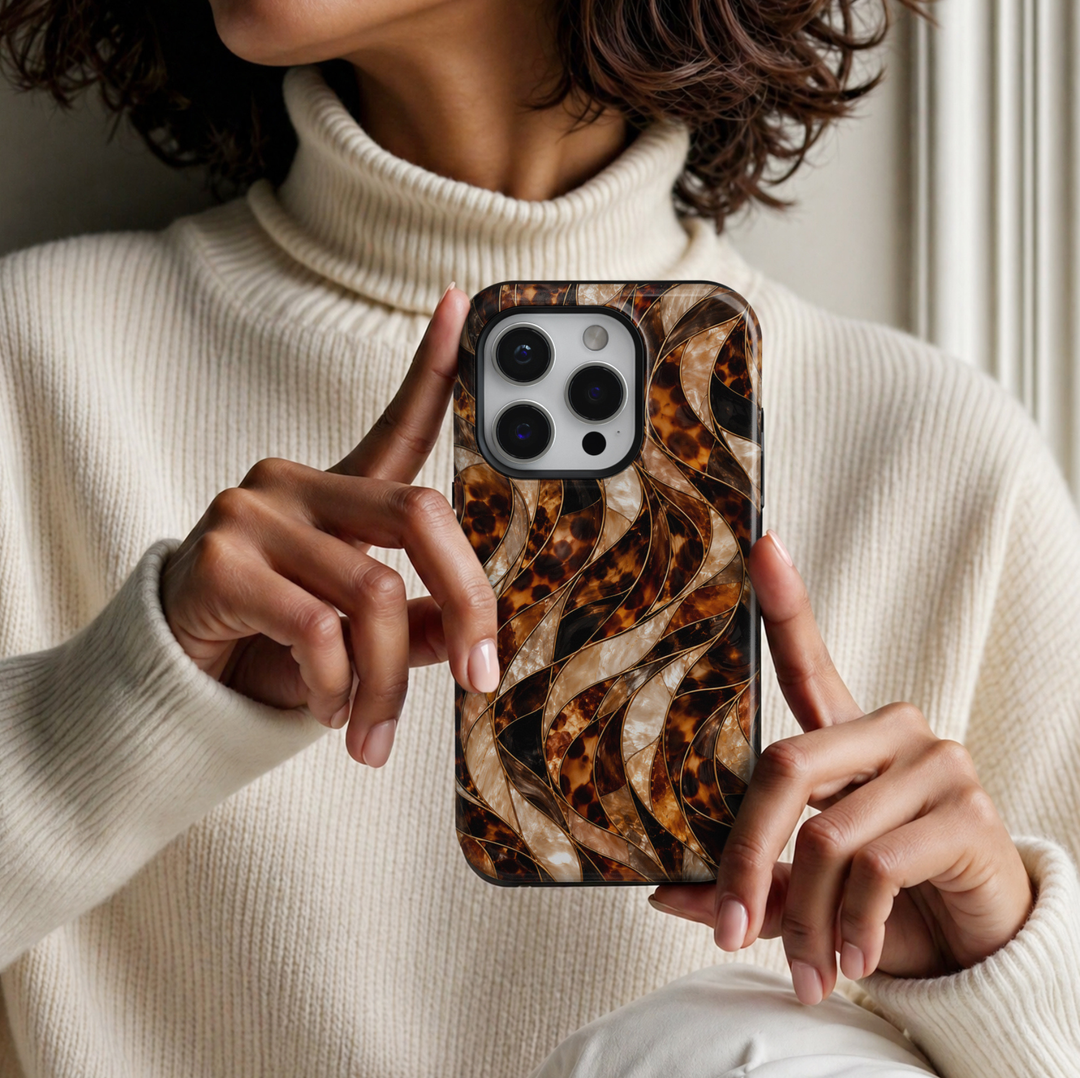 CASELIX Tortoise Opal Waves iPhone Tough MagSafe protective phone case featuring a luxurious abstract stained-glass mosaic pattern combining classic tortoiseshell artwork with flowing, ribbon-like waves in warm amber, rich caramel, deep espresso brown, jet black, champagne gold, and iridescent pearl white. The elegant design showcases gracefully intertwined curved panels filled with intricate tortoiseshell markings, translucent honey-brown textures, and luminous mother-of-pearl-inspired mosaic details. Deli