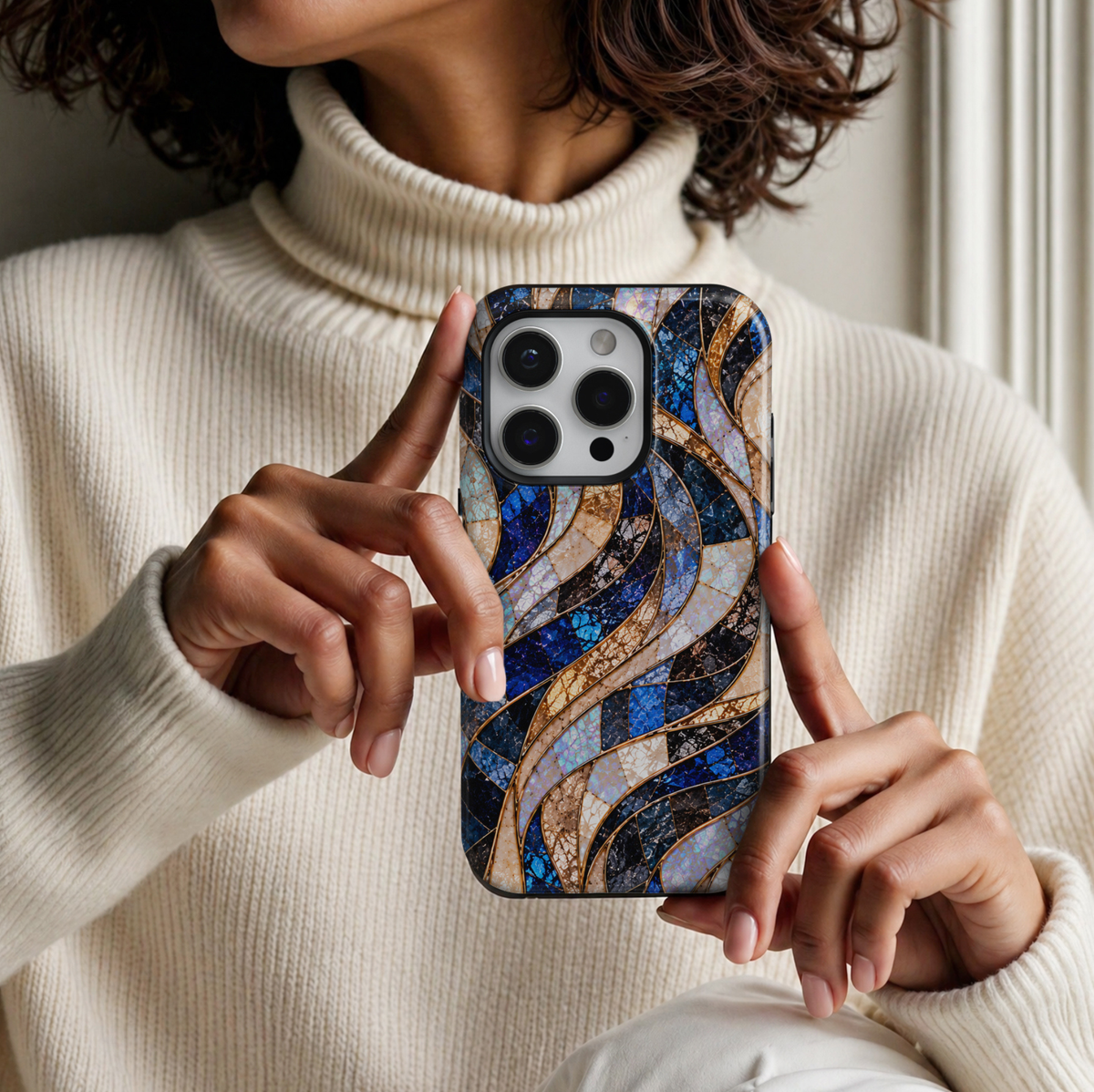 CASELIX Sapphire Opal Waves iPhone Tough MagSafe protective phone case featuring a luxurious abstract stained-glass mosaic pattern with flowing, ribbon-like waves in brilliant sapphire blue, deep navy, midnight black, champagne gold, and iridescent opal white. The elegant design showcases gracefully intertwined curved panels filled with intricate cracked-glass textures, shimmering pearl-inspired surfaces, and luminous cobalt-blue mosaic details. Delicate metallic gold-inspired outlines separate each flowing