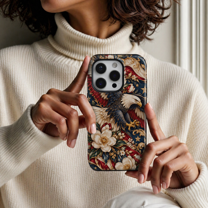 CASELIX American Eagle Majesty iPhone Tough MagSafe protective phone case featuring a magnificent bald eagle soaring through an elaborate patriotic-inspired floral composition in rich midnight navy, deep crimson red, ivory white, and antique gold. The luxurious artwork showcases a majestic American bald eagle with powerful outstretched wings, intricately layered navy-blue and ivory feathers, a brilliant white head, piercing golden eyes, and a striking golden beak. 