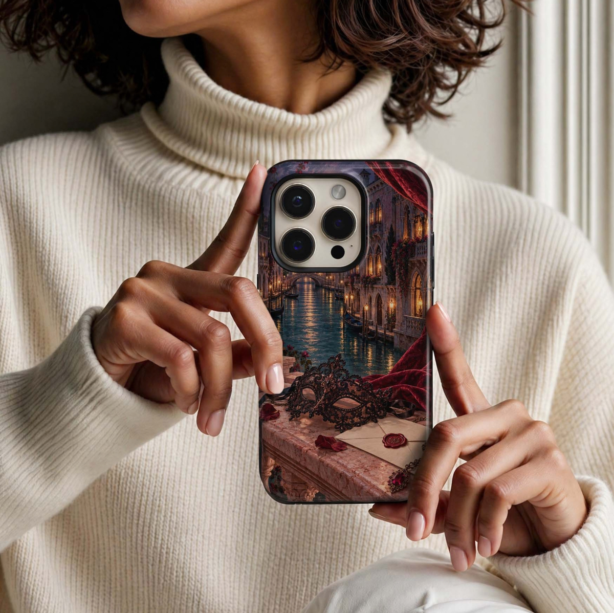 Velvet Hour Tough iPhone Case featuring an ornate black masquerade mask, burgundy velvet, wax-sealed letter and ruby jewelry overlooking a glowing Venetian-inspired canal at night.