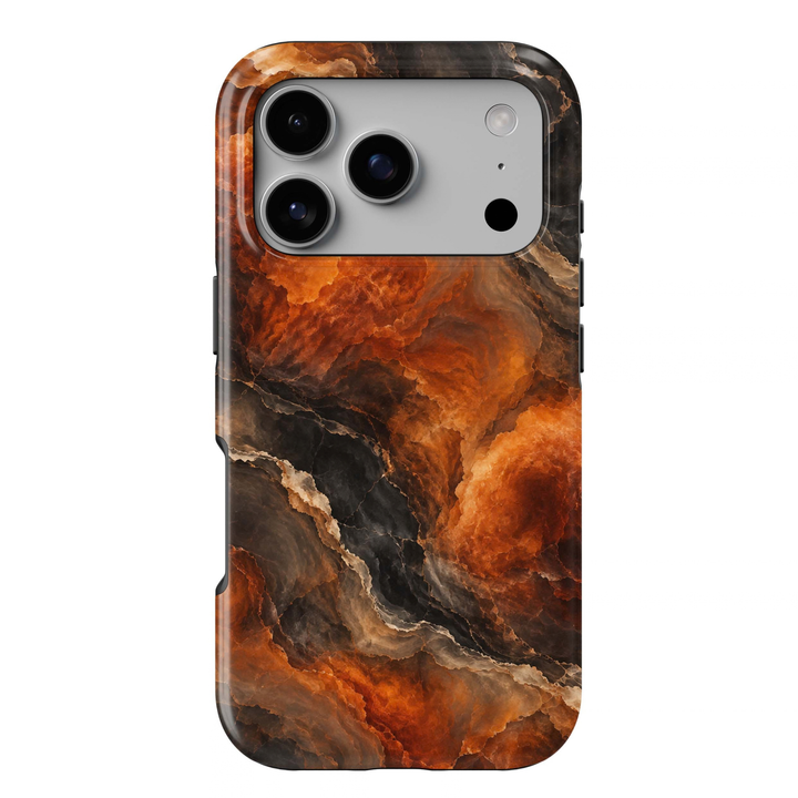 Ember Onyx Tough iPhone Case featuring molten burnt orange, amber and copper marble flowing through smoky black, espresso and taupe natural stone.