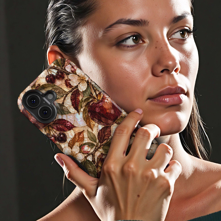 Garnet Orchard iPhone 18 Pro Max MagSafe case featuring jewel-toned burgundy and garnet orchard fruit with olive, bronze and copper leaves over a pearlescent ivory background, a luxurious stained-glass-inspired tough iPhone 18 Pro fall phone case with MagSafe compatibility.