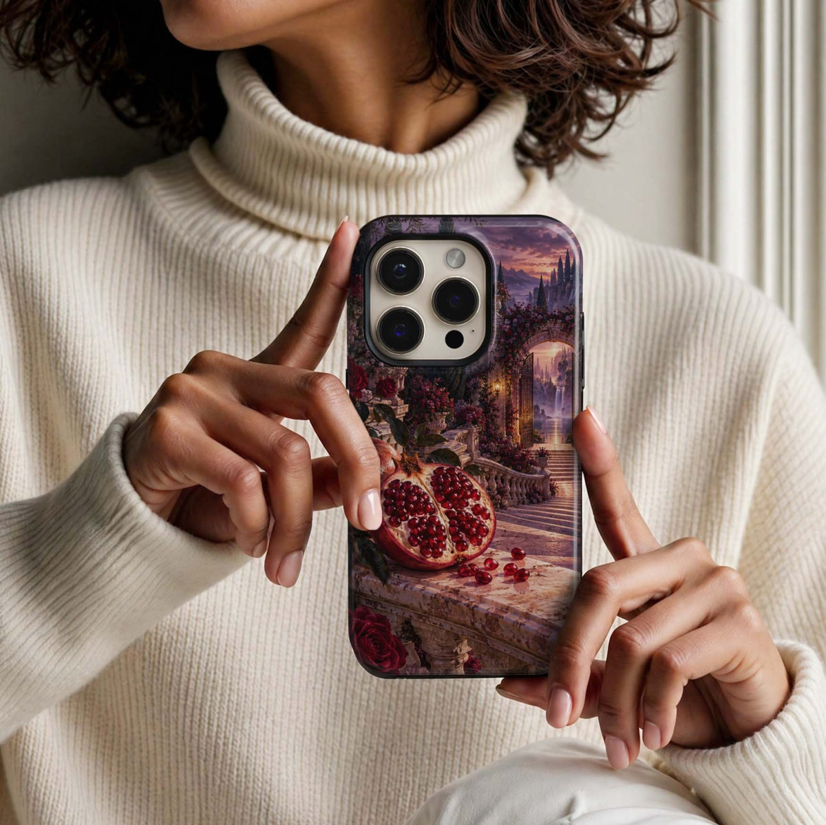 The Pomegranate Gate Tough iPhone Case featuring a ruby red pomegranate, crimson roses, ornate garden stairs and open gates overlooking a dreamy waterfall landscape.