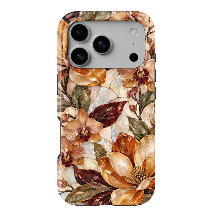 Amber Orchid iPhone 18 Pro Max MagSafe case featuring pearlescent orchids and botanical blooms in amber, champagne, caramel and ivory with burgundy and olive leaves, a luxurious stained-glass-inspired tough iPhone 18 Pro floral phone case with MagSafe compatibility.