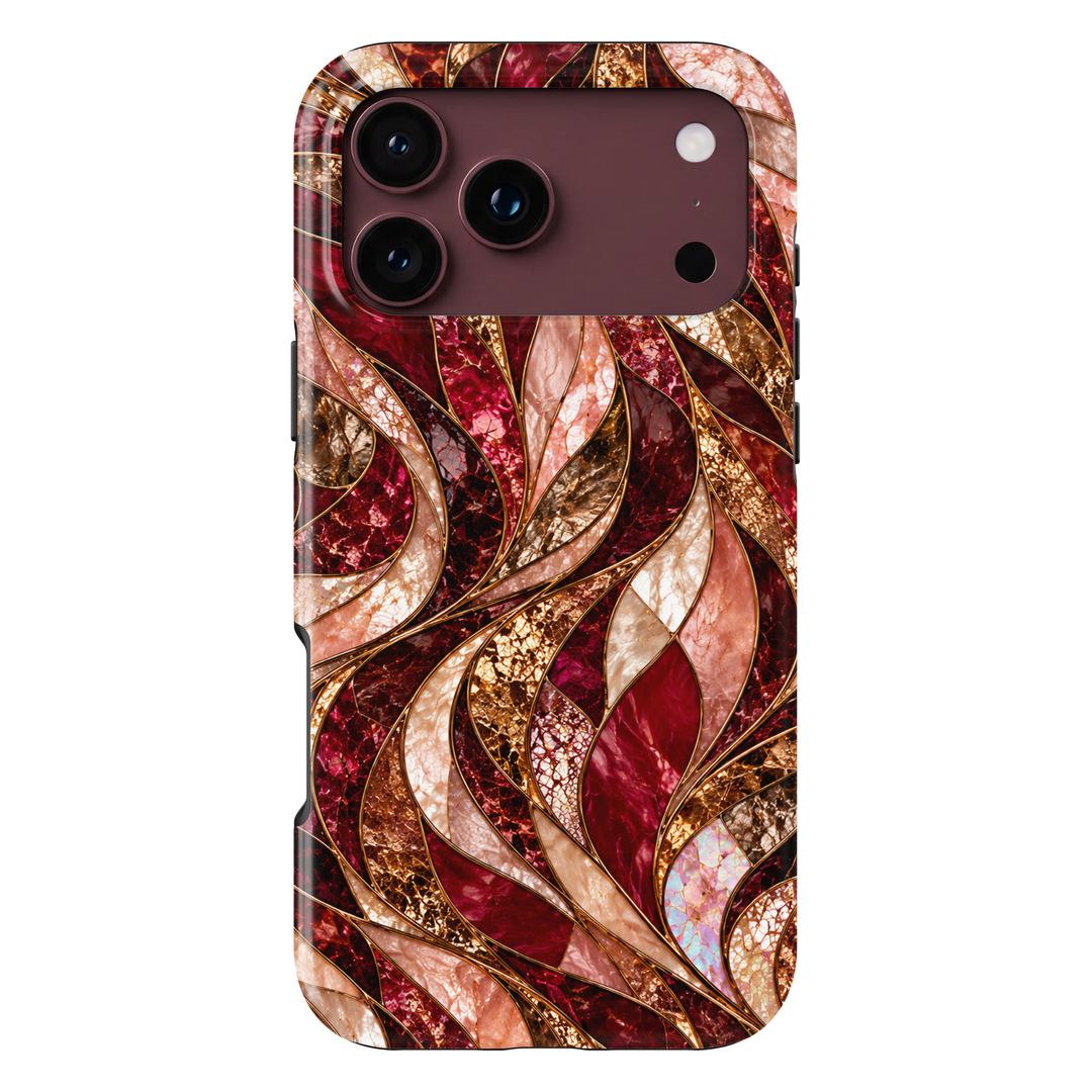 CASELIX Ruby Opal Waves iPhone Tough MagSafe protective phone case featuring a luxurious abstract stained-glass mosaic pattern with flowing, ribbon-like waves in brilliant ruby red, deep burgundy, romantic blush pink, champagne gold, and iridescent opal white. The elegant design showcases gracefully intertwined curved panels filled with intricate cracked-glass textures, luminous crimson mosaic details, and shimmering mother-of-pearl-inspired surfaces. Delicate metallic gold-inspired outlines separate each s