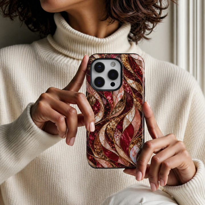 CASELIX Ruby Opal Waves iPhone Tough MagSafe protective phone case featuring a luxurious abstract stained-glass mosaic pattern with flowing, ribbon-like waves in brilliant ruby red, deep burgundy, romantic blush pink, champagne gold, and iridescent opal white. The elegant design showcases gracefully intertwined curved panels filled with intricate cracked-glass textures, luminous crimson mosaic details, and shimmering mother-of-pearl-inspired surfaces. Delicate metallic gold-inspired outlines separate each s