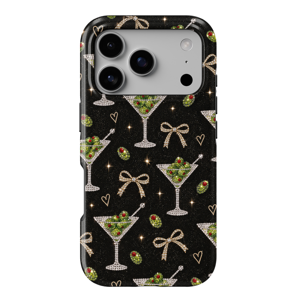 CASELIX Dirty Martini iPhone 18 Pro Max tough phone case featuring a glossy black background with sparkling crystal martini glasses, green olives with red pimentos, diamond-studded bows, delicate gold hearts, and shimmering stars. Chic dirty martini printed phone case for women with a glamorous cocktail party aesthetic, perfect for girls' nights out and martini lovers.