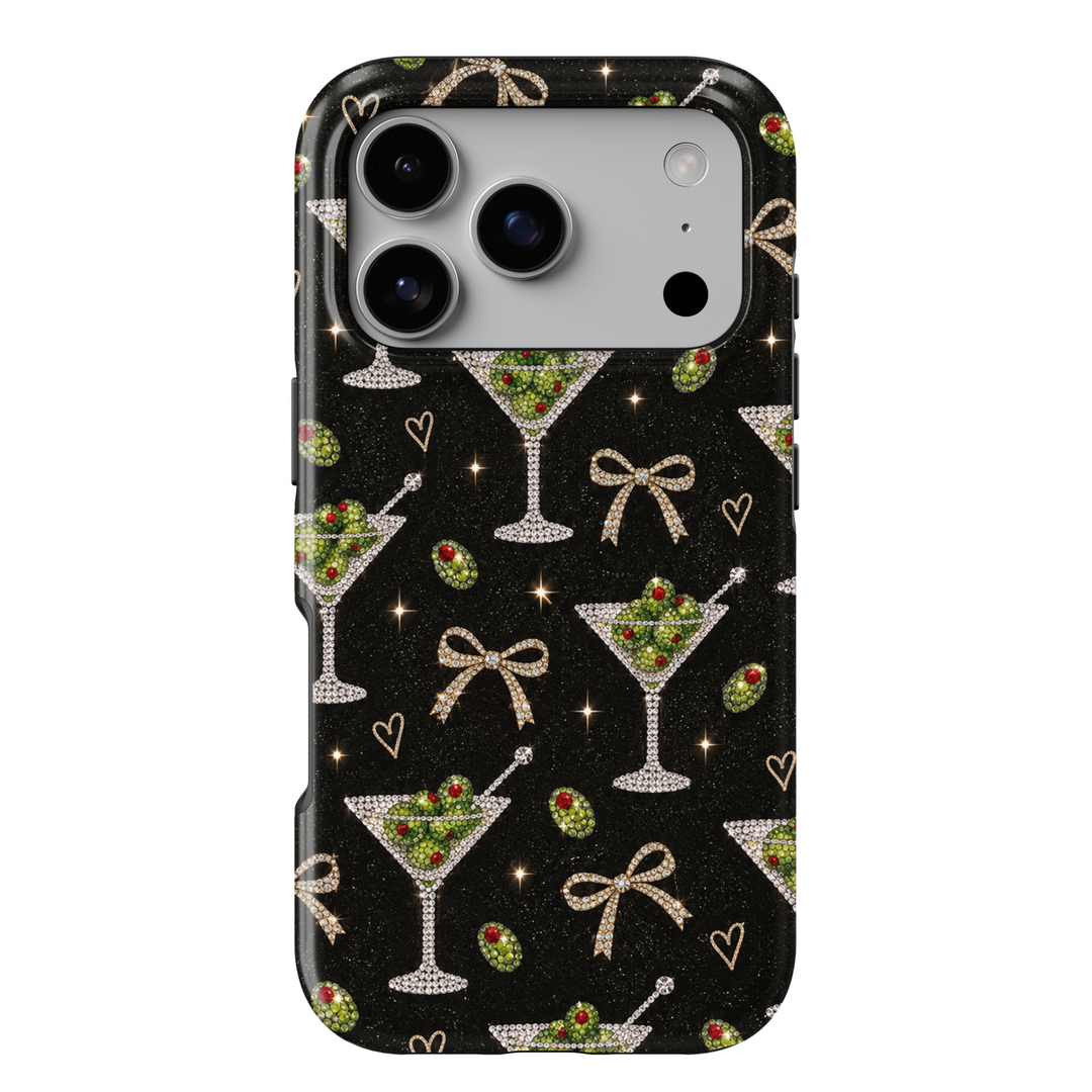 CASELIX Dirty Martini iPhone 18 Pro Max tough phone case featuring a glossy black background with sparkling crystal martini glasses, green olives with red pimentos, diamond-studded bows, delicate gold hearts, and shimmering stars. Chic dirty martini printed phone case for women with a glamorous cocktail party aesthetic, perfect for girls&