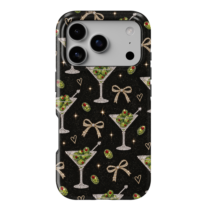 CASELIX Dirty Martini iPhone 18 Pro Max tough phone case featuring a glossy black background with sparkling crystal martini glasses, green olives with red pimentos, diamond-studded bows, delicate gold hearts, and shimmering stars. Chic dirty martini printed phone case for women with a glamorous cocktail party aesthetic, perfect for girls&
