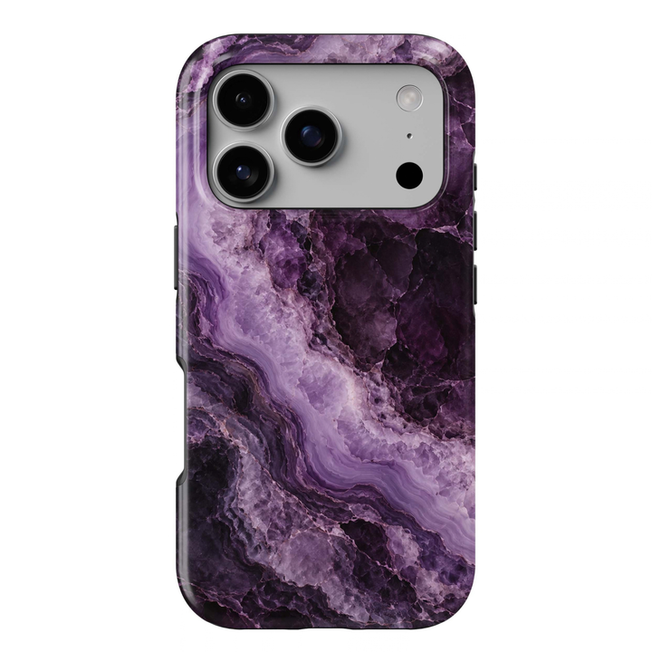 Amethyst Noir Tough iPhone Case featuring deep amethyst, blackberry purple, lavender and smoky violet crystalline agate marble with flowing natural mineral layers.