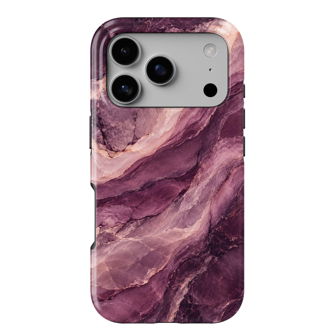 Plum Veil Tough iPhone Case featuring layered deep plum, blackberry purple, dusty mauve, blush and ivory marble with flowing natural stone textures.