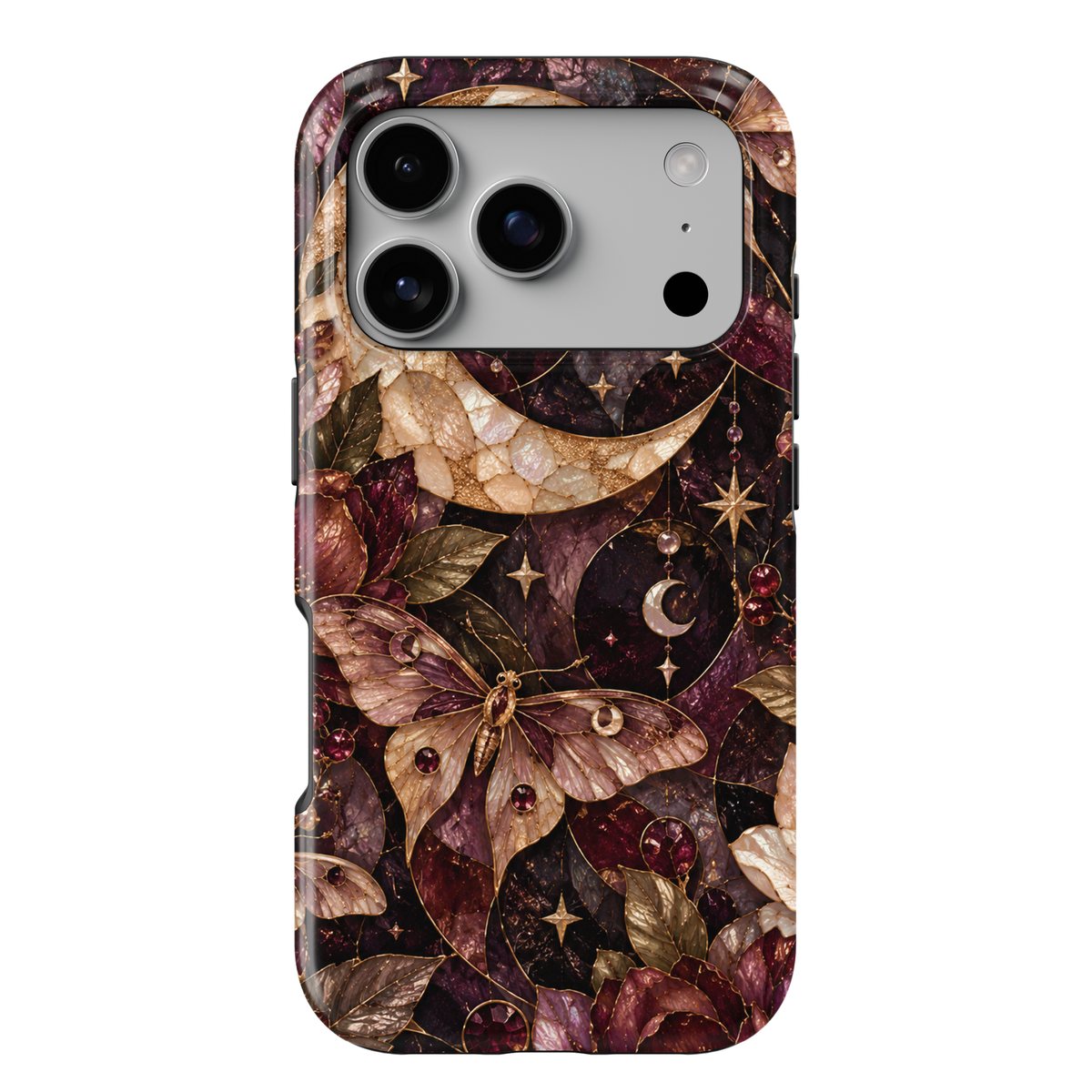 Midnight Moth iPhone 18 Pro Max MagSafe case featuring a jeweled celestial moth, crescent moons, stars and dark botanical details in burgundy, plum, champagne and antique gold, a luxurious stained-glass-inspired tough iPhone 18 Pro phone case with MagSafe compatibility.