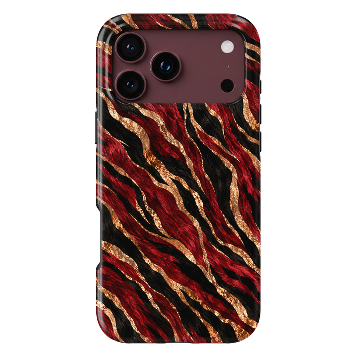 CASELIX Crimson Gold Zebra iPhone Tough MagSafe protective phone case featuring a luxurious abstract zebra-inspired animal print pattern with flowing, irregular stripes in vibrant crimson red, midnight black, and shimmering champagne gold. The striking design showcases bold ruby-red and jet-black zebra stripes intertwined with brilliant metallic gold-inspired ribbons, creating a dramatic, high-fashion aesthetic. Each stripe features intricate faux-fur brushstroke textures, natural-looking directional patter