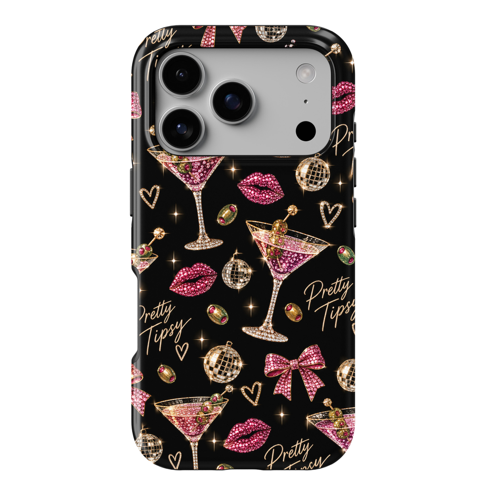 CASELIX Pretty Tipsy iPhone 18 Pro Max tough phone case featuring a glossy black background with sparkling pink dirty martini glasses, jeweled green olives, hot pink rhinestone lips, pink bows, gold disco balls, and Pretty Tipsy lettering. Trendy feminine printed phone case for women with a glamorous girls' night out, cocktail party, and bachelorette aesthetic.
