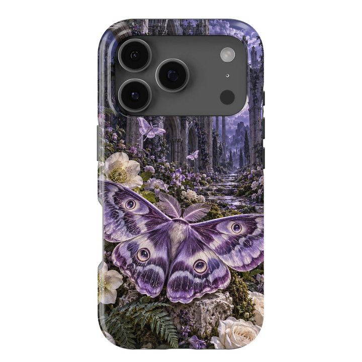 Cathedral of Moths Tough iPhone Case featuring a large lavender and purple moth, ivory roses, violet flowers and smaller moths among dramatic gothic cathedral ruins.
