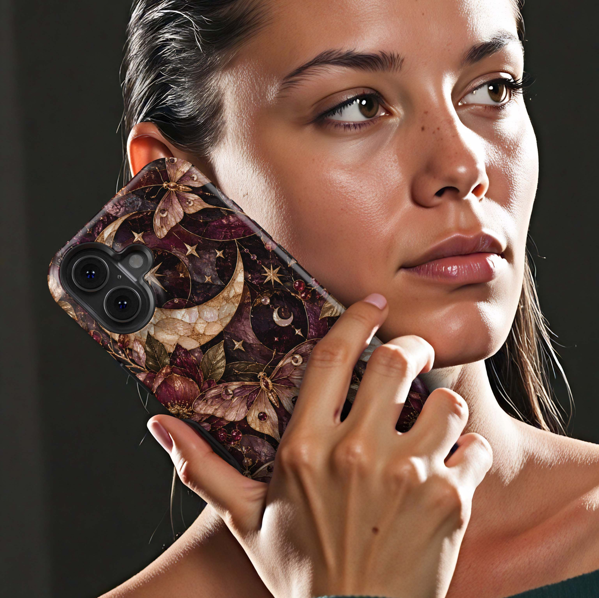 Midnight Moth iPhone 18 Pro Max MagSafe case featuring a jeweled celestial moth, crescent moons, stars and dark botanical details in burgundy, plum, champagne and antique gold, a luxurious stained-glass-inspired tough iPhone 18 Pro phone case with MagSafe compatibility.