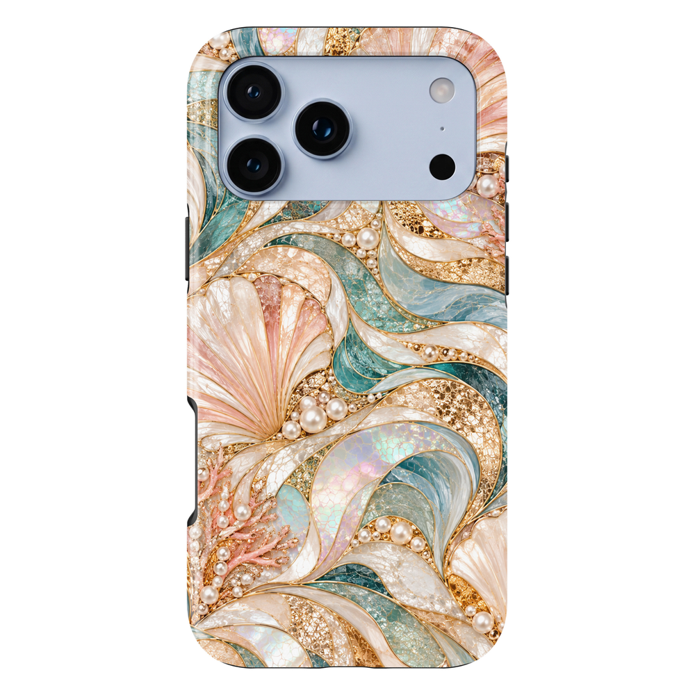 CASELIX Pearl Lagoon Luxe iPhone Tough MagSafe protective phone case featuring a luxurious ocean-inspired stained-glass mosaic pattern with flowing seashell motifs, elegant pearl embellishments, and sweeping waves in soft turquoise, seafoam green, blush pink, champagne gold, and iridescent opal white. The sophisticated design showcases gracefully intertwined curved panels filled with intricate cracked-glass textures, shimmering mother-of-pearl-inspired surfaces, and luminous aqua-blue mosaic details. Delica