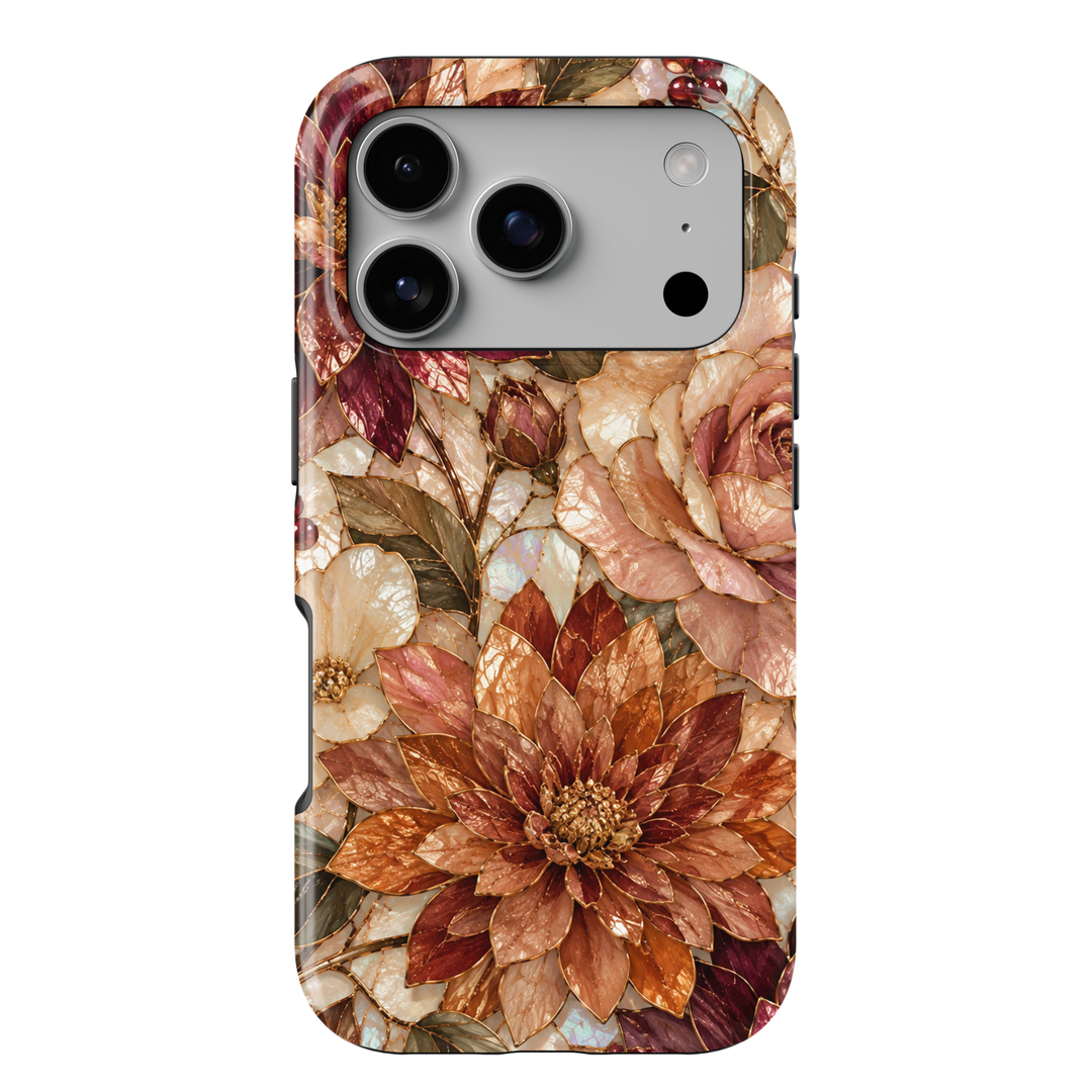 Harvest Dahlia iPhone 18 Pro Max MagSafe case featuring stained-glass-inspired dahlias and roses in copper, caramel, champagne, burgundy, blush and ivory with antique gold detailing, a luxurious autumn floral tough iPhone 18 Pro phone case with MagSafe compatibility.