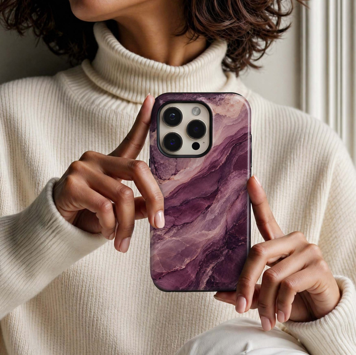 Plum Veil Tough iPhone Case featuring layered deep plum, blackberry purple, dusty mauve, blush and ivory marble with flowing natural stone textures.