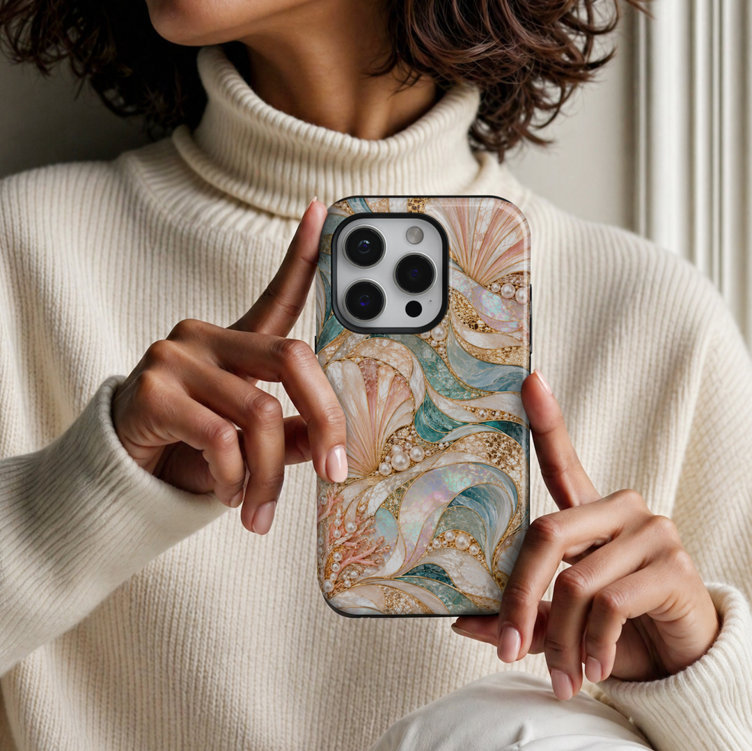CASELIX Pearl Lagoon Luxe iPhone Tough MagSafe protective phone case featuring a luxurious ocean-inspired stained-glass mosaic pattern with flowing seashell motifs, elegant pearl embellishments, and sweeping waves in soft turquoise, seafoam green, blush pink, champagne gold, and iridescent opal white. The sophisticated design showcases gracefully intertwined curved panels filled with intricate cracked-glass textures, shimmering mother-of-pearl-inspired surfaces, and luminous aqua-blue mosaic details. Delica