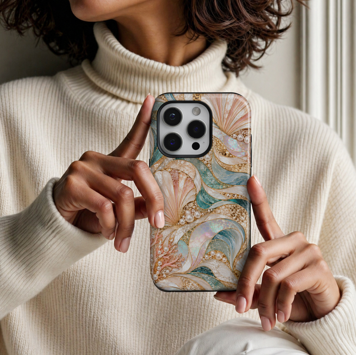 CASELIX Pearl Lagoon Luxe iPhone Tough MagSafe protective phone case featuring a luxurious ocean-inspired stained-glass mosaic pattern with flowing seashell motifs, elegant pearl embellishments, and sweeping waves in soft turquoise, seafoam green, blush pink, champagne gold, and iridescent opal white. The sophisticated design showcases gracefully intertwined curved panels filled with intricate cracked-glass textures, shimmering mother-of-pearl-inspired surfaces, and luminous aqua-blue mosaic details. Delica