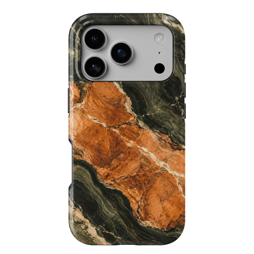Olive Ember Tough iPhone Case featuring rich burnt orange marble surrounded by deep olive and forest green stone with creamy natural veining.