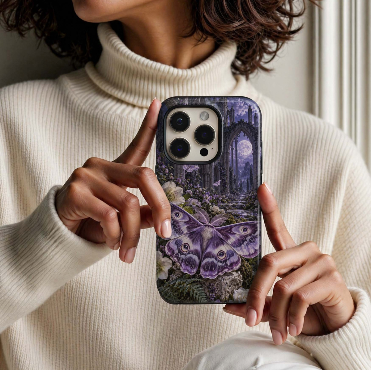 Cathedral of Moths Tough iPhone Case featuring a large lavender and purple moth, ivory roses, violet flowers and smaller moths among dramatic gothic cathedral ruins.