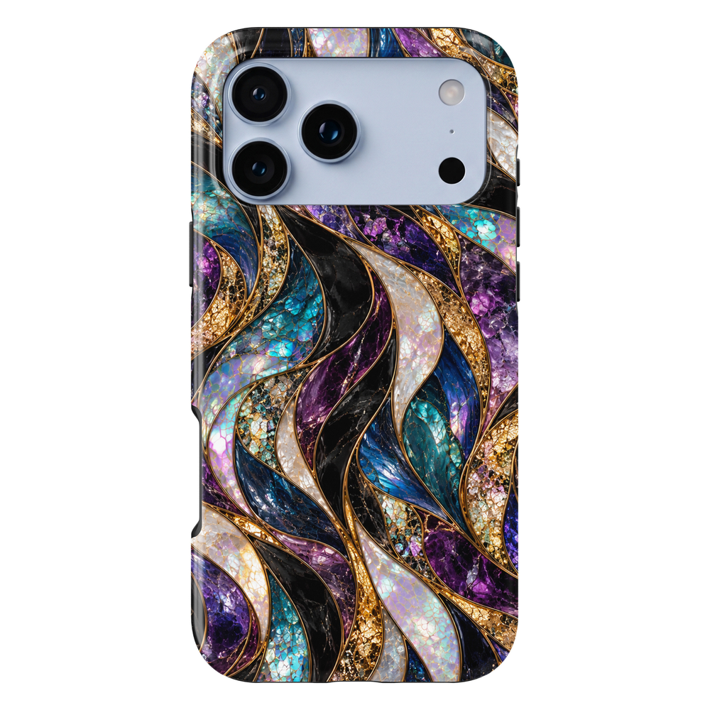 CASELIX Mystic Opal Waves iPhone Tough MagSafe protective phone case featuring a luxurious abstract stained-glass mosaic pattern with flowing, ribbon-like waves in rich amethyst purple, brilliant sapphire blue, luminous turquoise, midnight black, champagne gold, and iridescent opal white. The captivating design showcases gracefully intertwined curved panels filled with intricate cracked-glass textures, shimmering mother-of-pearl-inspired surfaces, and vibrant jewel-toned mosaic details. Delicate metallic go