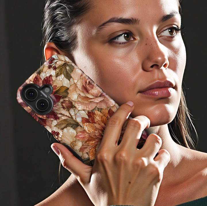 Harvest Dahlia iPhone 18 Pro Max MagSafe case featuring stained-glass-inspired dahlias and roses in copper, caramel, champagne, burgundy, blush and ivory with antique gold detailing, a luxurious autumn floral tough iPhone 18 Pro phone case with MagSafe compatibility.
