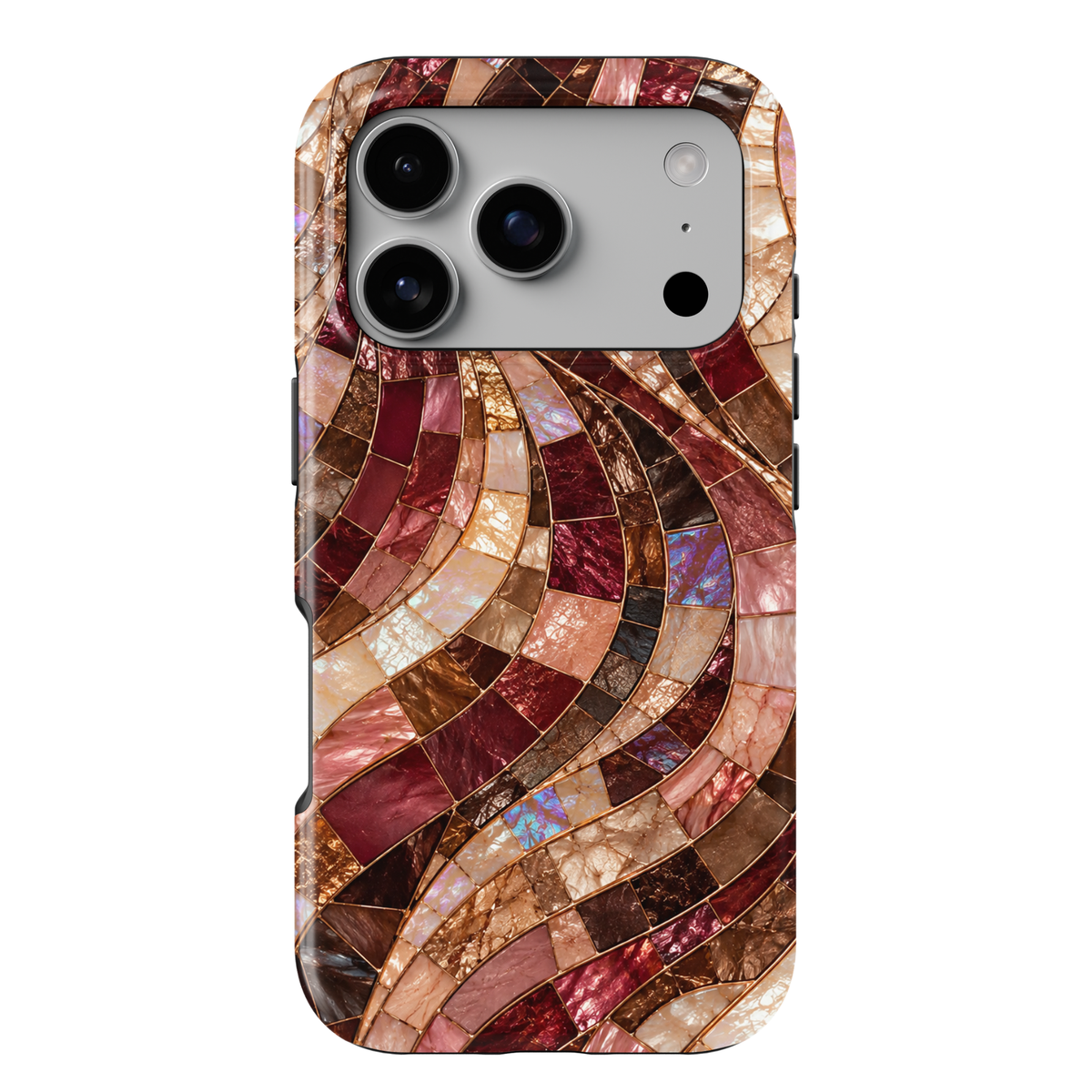 Autumn Mosaic iPhone 18 Pro Max MagSafe case featuring flowing stained-glass mosaic tiles in burgundy, wine, espresso brown, bronze, champagne, blush and pearlescent ivory, a luxurious fall-inspired tough iPhone 18 Pro phone case with MagSafe compatibility.