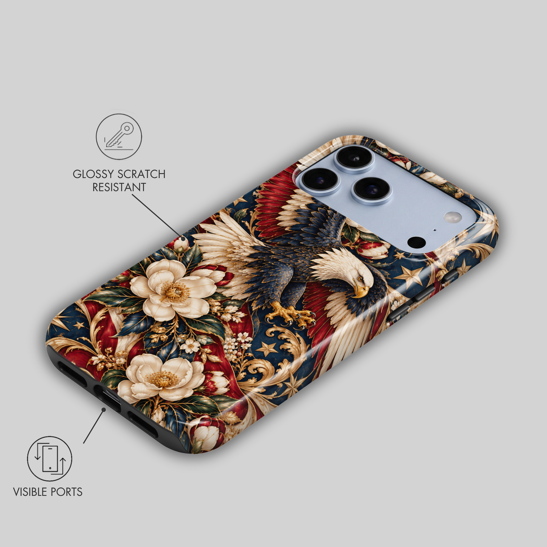 CASELIX American Eagle Majesty iPhone Tough MagSafe protective phone case featuring a magnificent bald eagle soaring through an elaborate patriotic-inspired floral composition in rich midnight navy, deep crimson red, ivory white, and antique gold. The luxurious artwork showcases a majestic American bald eagle with powerful outstretched wings, intricately layered navy-blue and ivory feathers, a brilliant white head, piercing golden eyes, and a striking golden beak. 