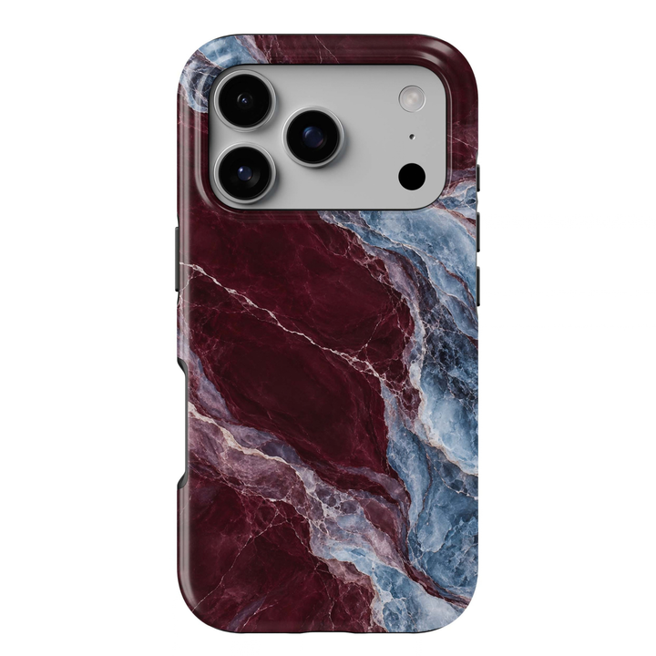 Cabernet Glacier Tough iPhone Case featuring deep cabernet burgundy marble blended with icy blue, slate and lavender crystalline stone veining.
