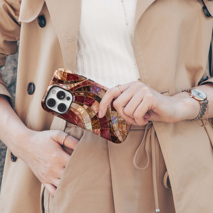 Autumn Mosaic iPhone 18 Pro Max MagSafe case featuring flowing stained-glass mosaic tiles in burgundy, wine, espresso brown, bronze, champagne, blush and pearlescent ivory, a luxurious fall-inspired tough iPhone 18 Pro phone case with MagSafe compatibility.
