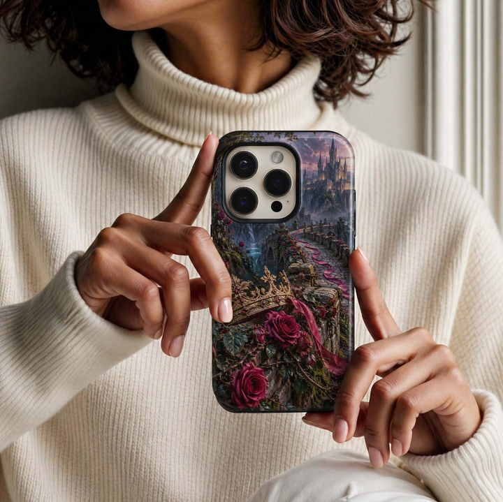 Briarbound Tough iPhone Case featuring a jeweled antique gold crown, deep crimson roses, winding vines and a dramatic stone bridge leading toward a fairytale castle.